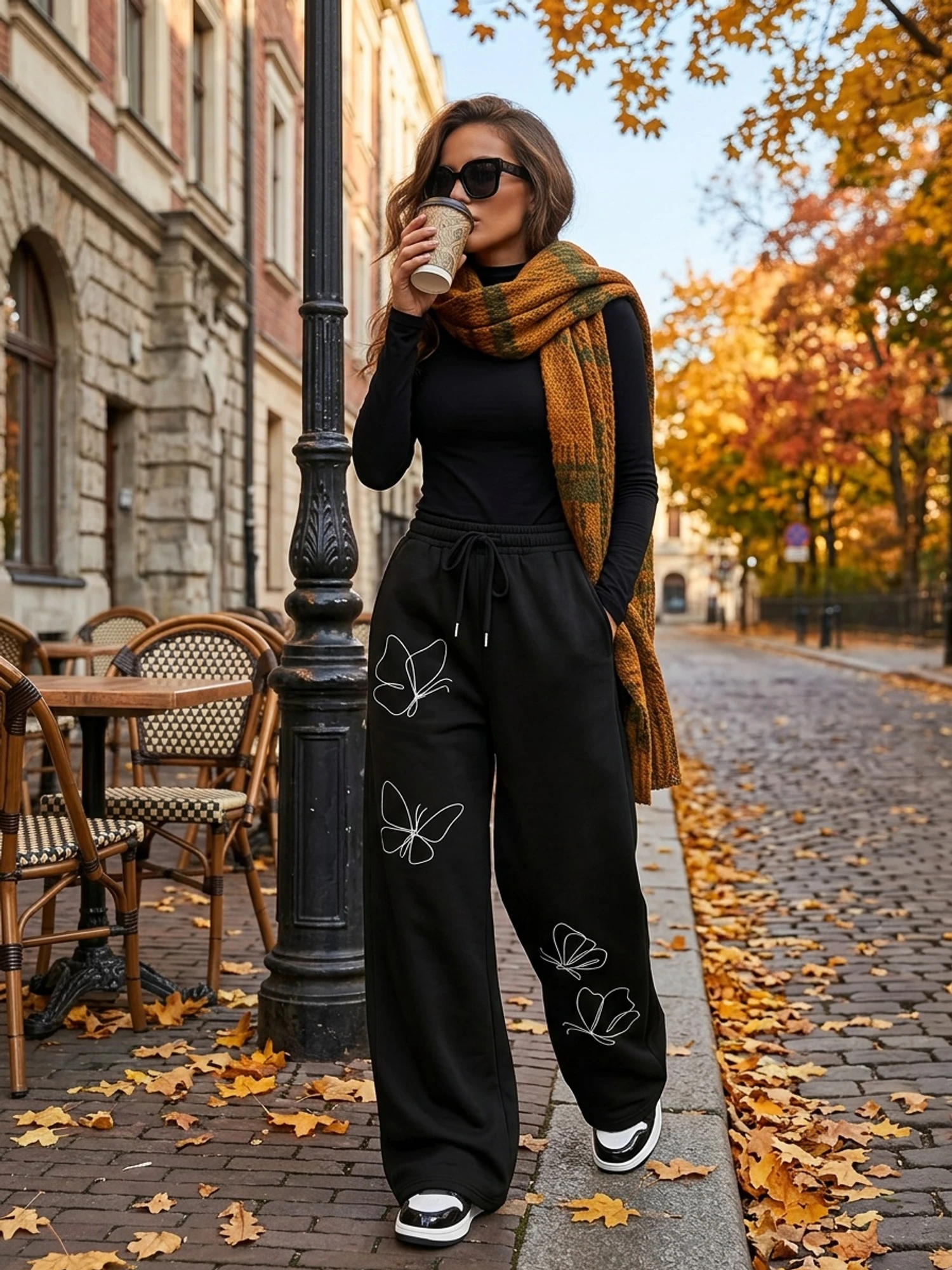 Y2K High Street Streetwear Cool Printed Pattern Wide-Leg Sweatpants for Women Casual Long Pants with Side Pockets and Drawstring