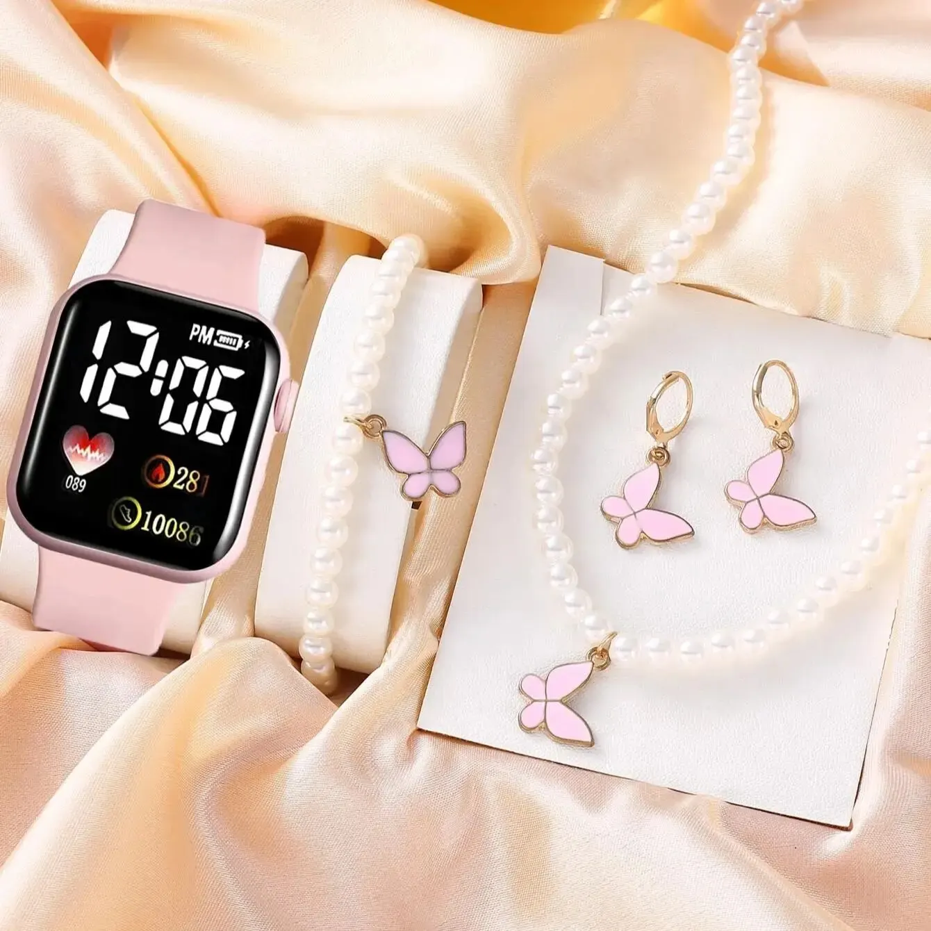 Sifang Caring Girl Electronic Watches And 4 Pearl Butterfly Love Jewelry Set Cute And Romantic