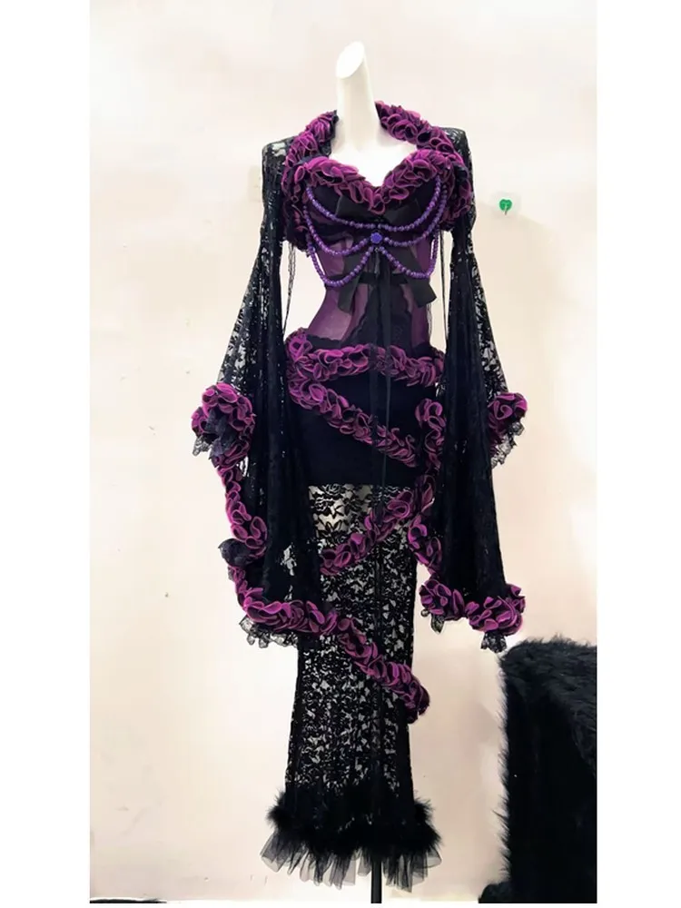 Elegant black rose-patterned hollowed-out dark dress with purple flower edges