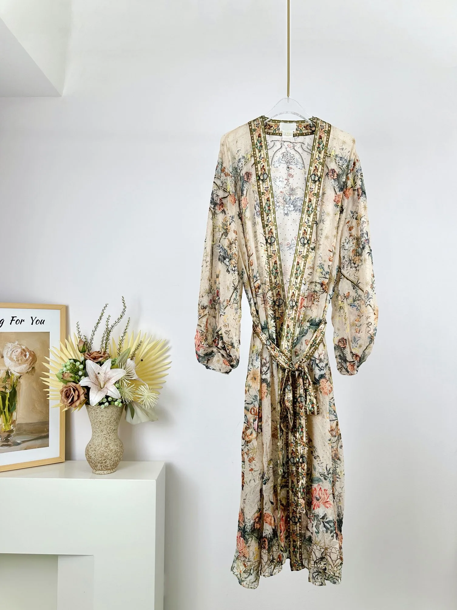 Women Deep V-Neck Flower Printed Beaded Waist Sashes Silk Pajamas Style  Long Dress