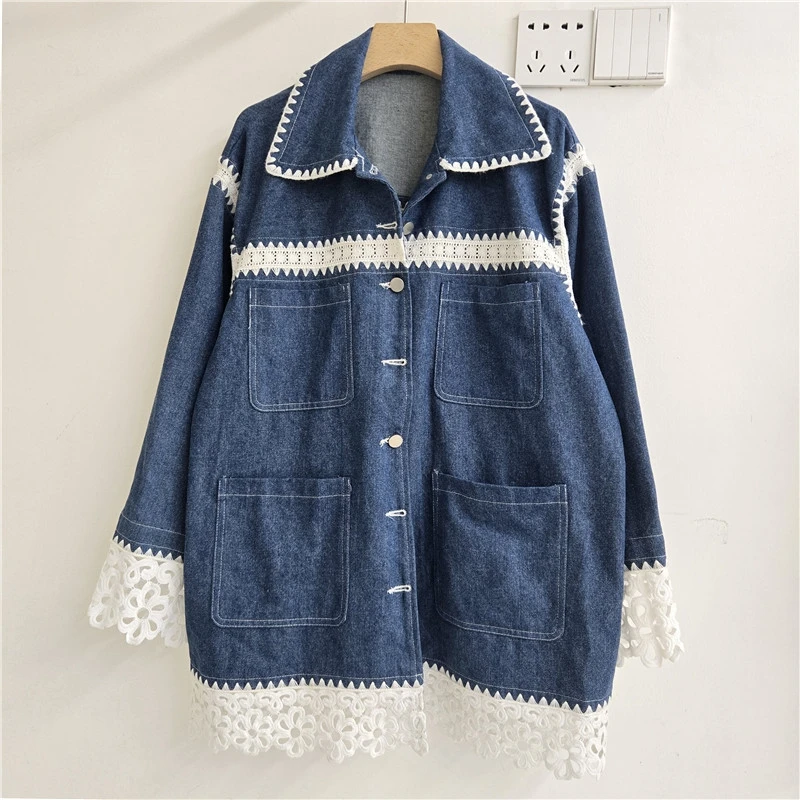 Multi-Pocket Lace Patchwork Contrast Color Casual Women Denim Jacket Loose Lapel Single-Breasted Long Sleeve Cowboy Outerwear