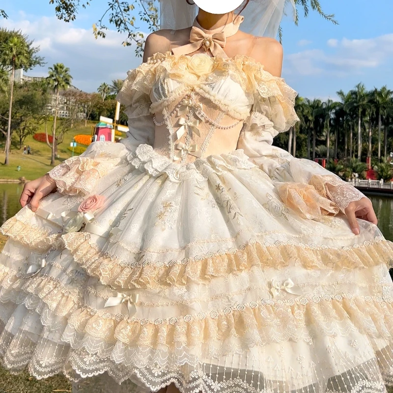 Original Sweet Lolita Short Dress Women\'s Slim Fit Lace Removable Long Sleeve White Dress Bridal Wedding Party Dress Vestidos