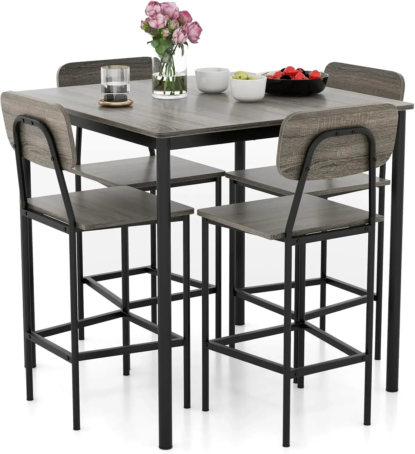 5-Piece Dining Table Set W/Counter Height Table & 4 Bar Stools, Modern Kitchen Dining Set W/Footrest & Backrest, Space-S