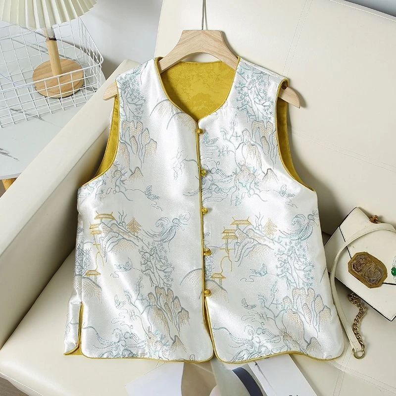 

2025 New Women Sleeveless Vintage Chinese Style Dobby Floral Sequined Vest Coat , Woman Elegant Flower Glitters Vests Coats