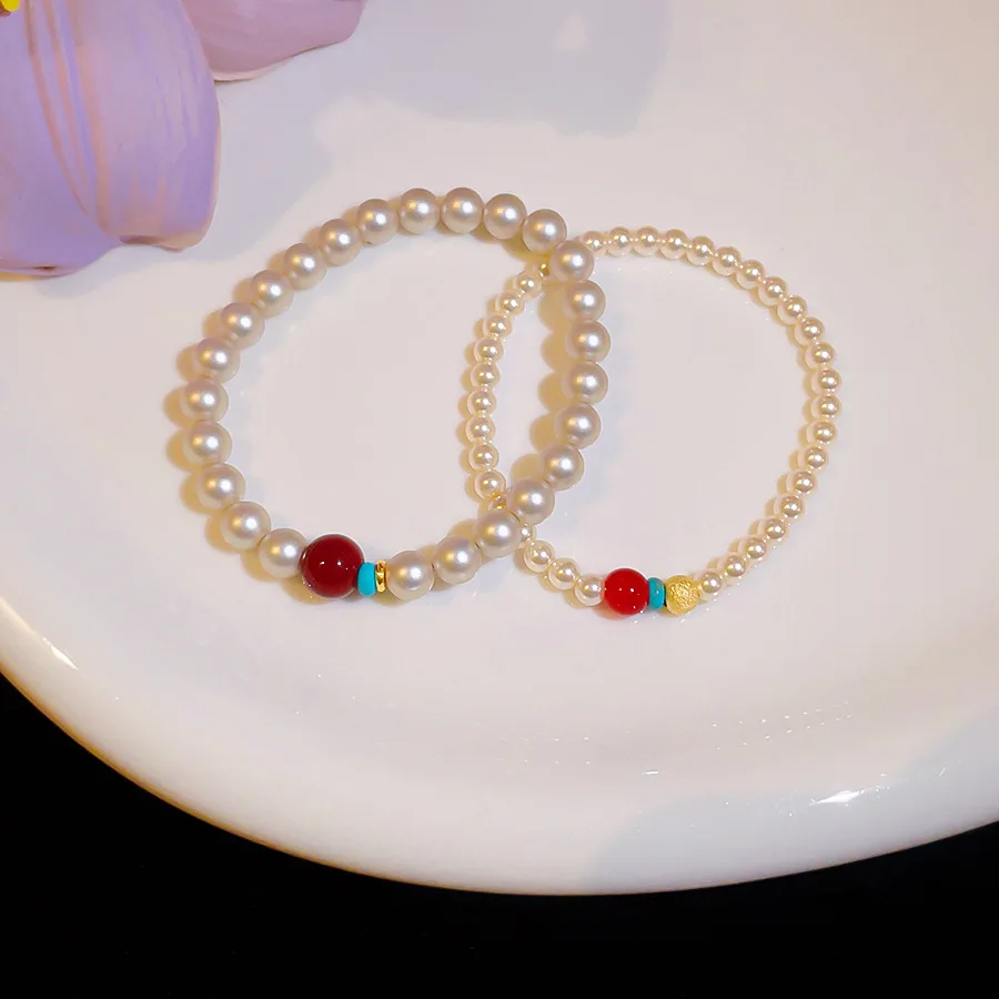 New Chinese Style Red Agate Beaded Bracelets for Women Stackable Imitation Pearl Elastic Strand Bracelet Commute Party Jewelry K