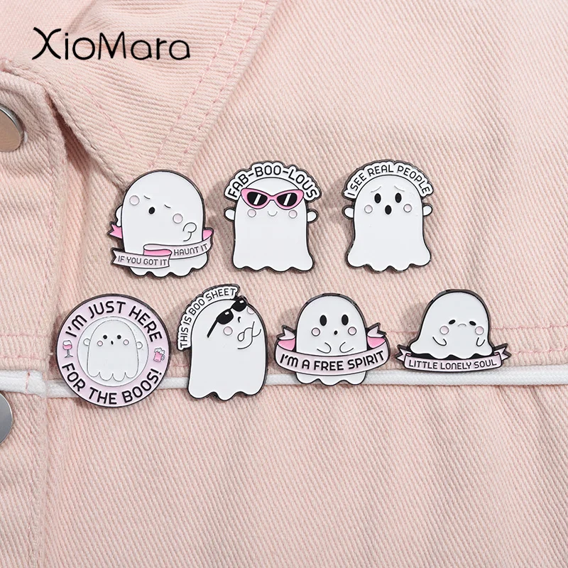 Cartoon Cute Ghost Enamel Pins I'm a Free Spirit This is Boo Sheet Brooches Lapel Backpack Badge Halloween Spooky Jewelry Gifts