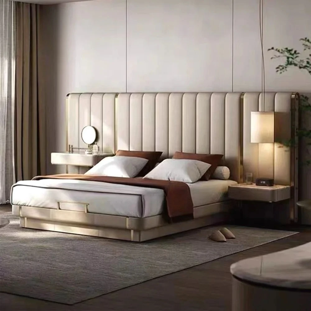 

Leather Upholstered Bed Modern Luxury Wooden Queen Size Double Bed