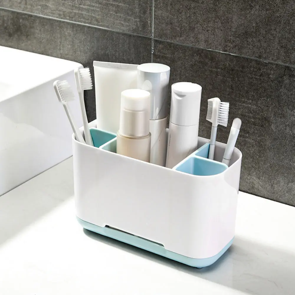 Compact Bathroom Vanity Organizer For Toothbrush Paste Storage Rack Desktop Cosmetic Shelf Holder Plastic Case
