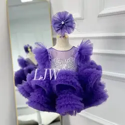 0-12 Year Old Baby Pearl Feather Birthday Party Fluffy Evening Dress  formal first year Christmas costume wedding fluffy princes