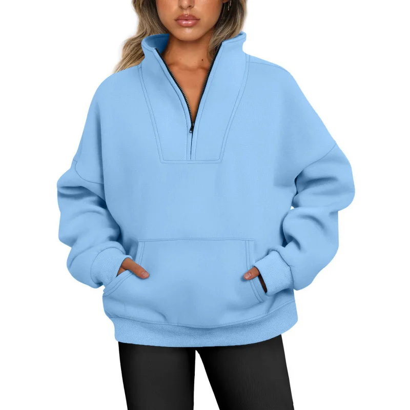

2025Autumn and Winter Stand Collar Solid Color Hoodie Pocket Zipper Women's Casual Loose Fleece Thread Top