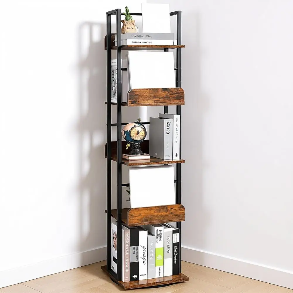 

Вращающийся 5-ярусный узкий книжный шкаф, высокий промышленный органайзер для книг, маленькие книжные полки для гостиной, черный
