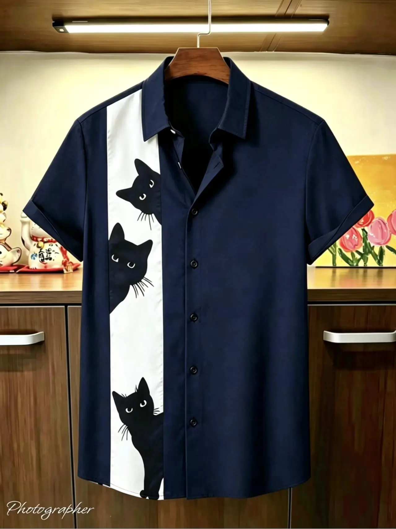 Men's 3D printed cat short sleeved shirt, casual collar, loose cut, trendy and fashionable men's top, comfortable and breathable