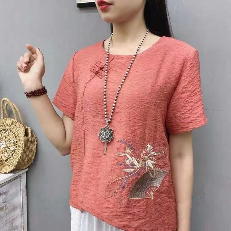 Vintage O-Neck Button Irregular Embroidery Blouse Women's Clothing 2023 Summer New Oversized Casual Pullovers Asymmetrical Shirt