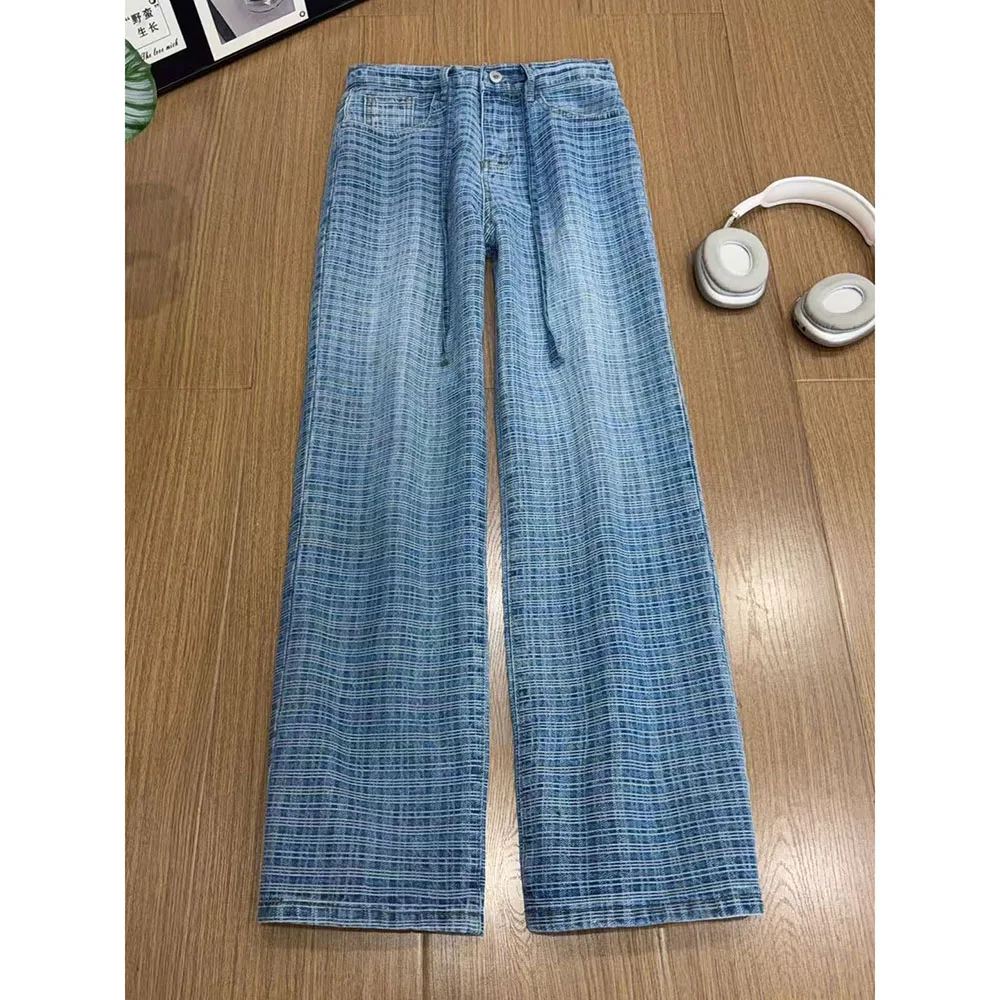 Wide Leg Plaid Jeans Retro Washed Denim Pants 2026 New Casual Loose Straight Trousers with Waist Strap for Men Women Streetwear