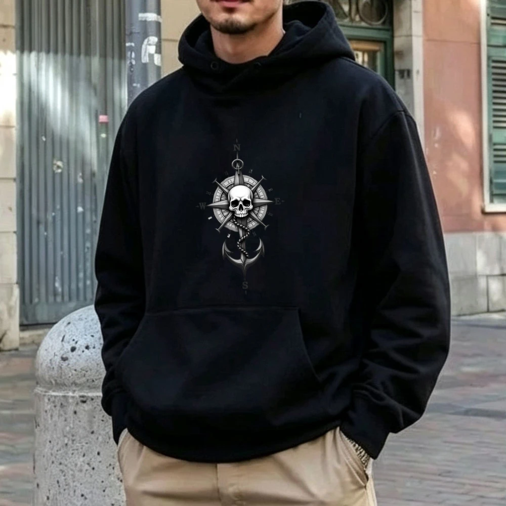 Vintage Pirate Skull Anchor Compass Nautical Graphic Hoodie Men Retro Sea Sailor Pullover Hooded Sweatshirt Gothic Streetwear