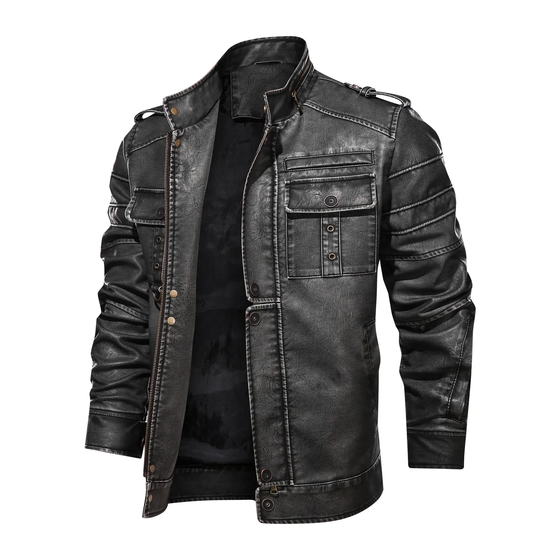 MAIDANGDI Men's Leather Jacket  Retro Denim Style  High Necked Motorcycle Style Top Oversized Jacket  Artificial Leather