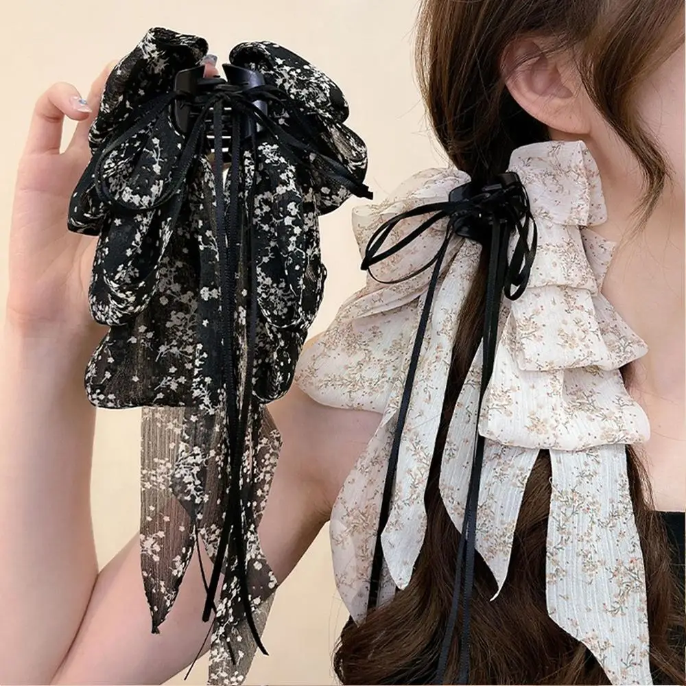 Halfgebonden achterhoofd Haaienclip Bloem Meerlaagse strik Haarclip Haaraccessoires Elegante bloemenstriklint Paardenstaartclip