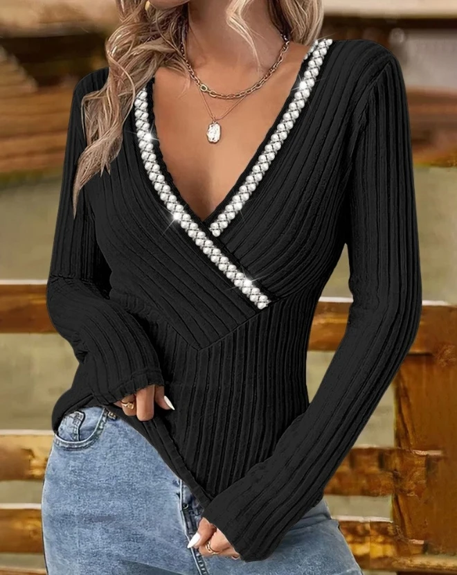 

New Style Beaded V-Neck Overlapping Ribbed Top Hot Selling Fashion Long Sleeved Pullover Casual Women's Clothing