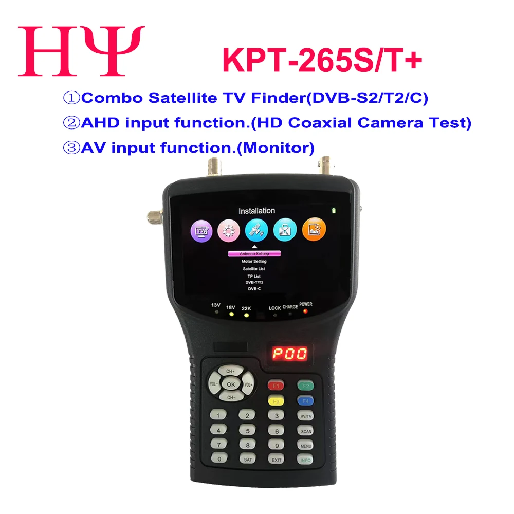 

KPT-265ST 4.3" Handheld Combo Satellite Finder Meter DVB-S2+T2+C Receiver kpt- 265ST+ CCTV Monitor DVB-S/S2 MP4 Hevc(H.265)