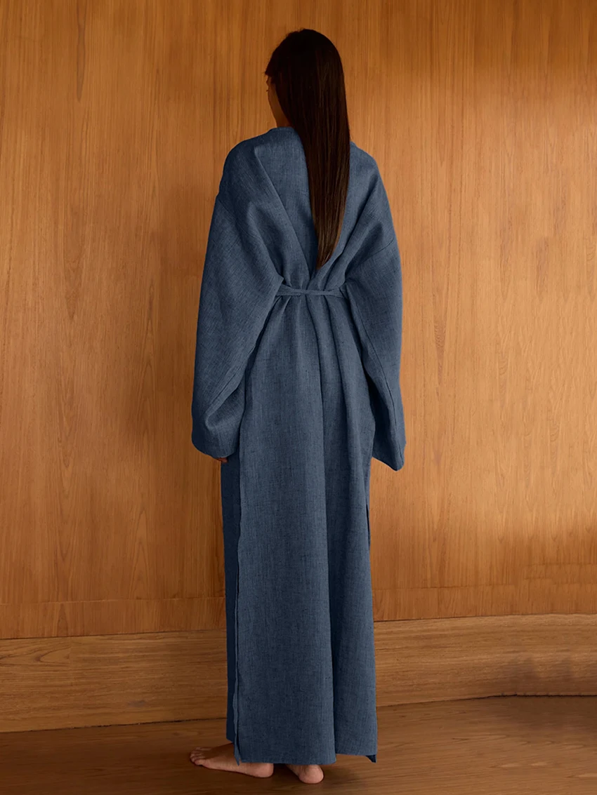 Marthaqiqi Casual Female Pajamas Long Sleeve Sleepwear Sexy V-Neck Nightwear Lace Up Nightgowns Ankle-Length Dress Women Nightie