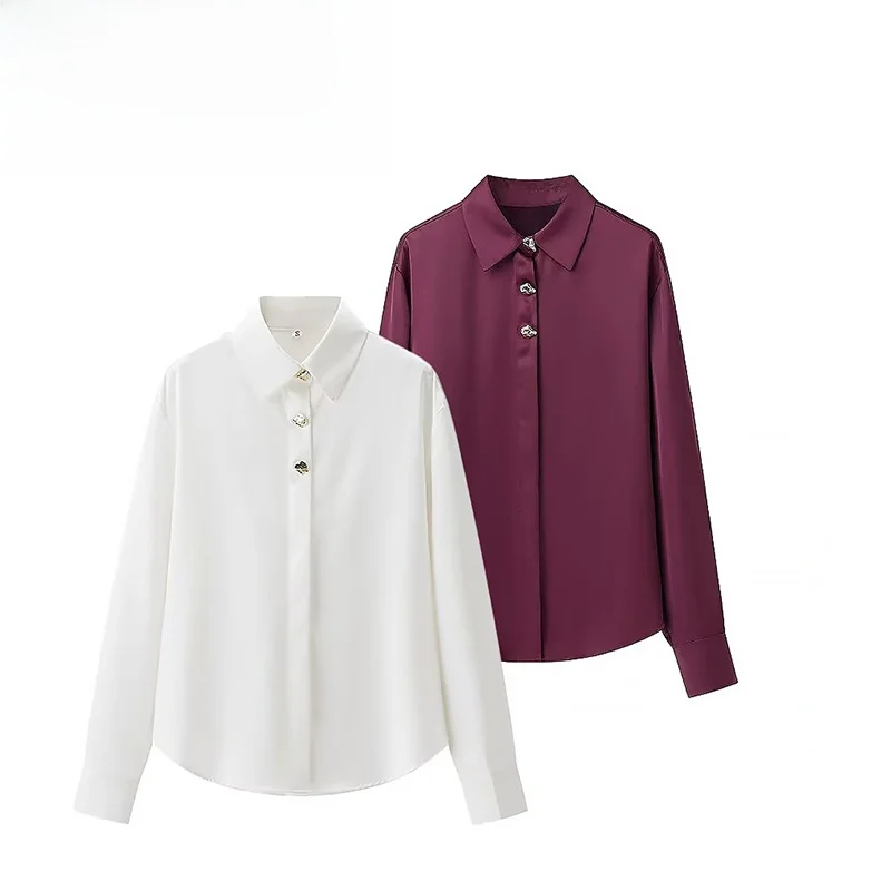 Csa ZBZA de Seda Cetim Faion com Botões Dous, Estilo Novo de Primavera F, Slim Fit, Manga Longa, Crimento ...