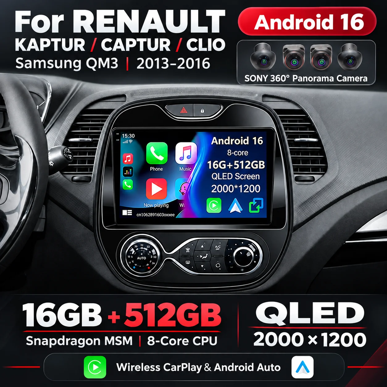 Qualcomm Android 16 Car Radio Stereo For Renault Captur Kaptur Clio Samsung QM3 2013-2016 4G Wireless CarPlay Android Auto QLED
