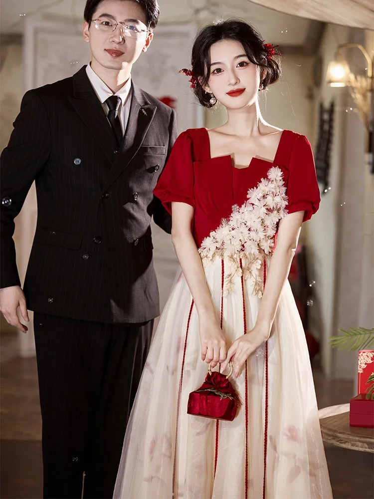 

Red Wedding Dr Princ Sle A-Line Skirt ort Sve Zipper Ba Bridal Gown for Engagement Par Wedding Reception