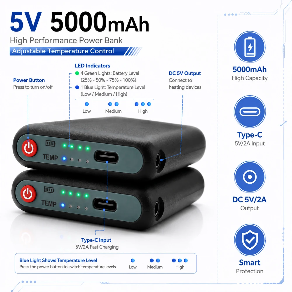 Akumulator 5000mAh 5V do odzieży grzewczej, akumulator do ponownego ładowania do rękawic grzewczych, skarpet grzewczych, kamizelki grzewczej, kurtki grzewczej, power bank — zdjęcie produktu 2