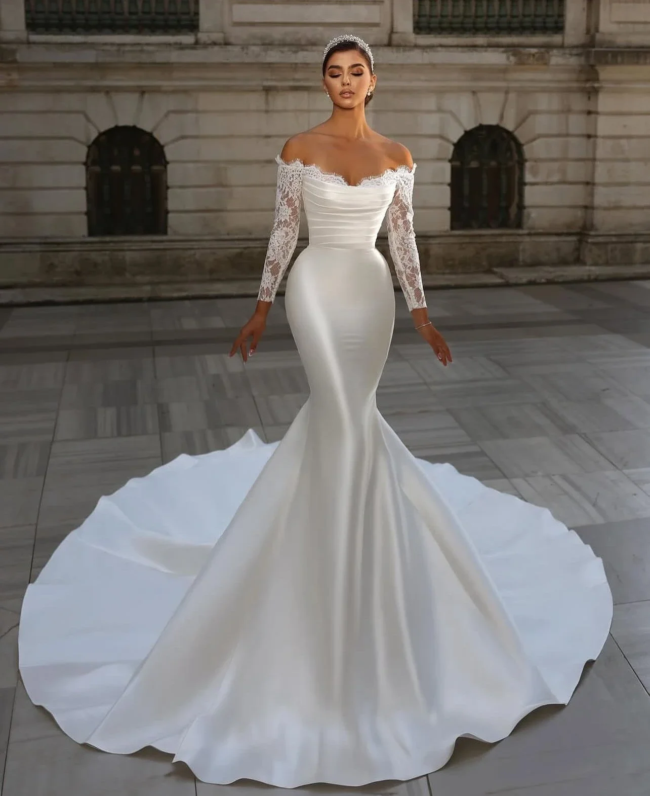 

Flavinke Customized Mermaid Satin Wedding Dresses Off Shoulder Lace Long Sleeves Bridal Gowns Detachable Train Pleats Robe De