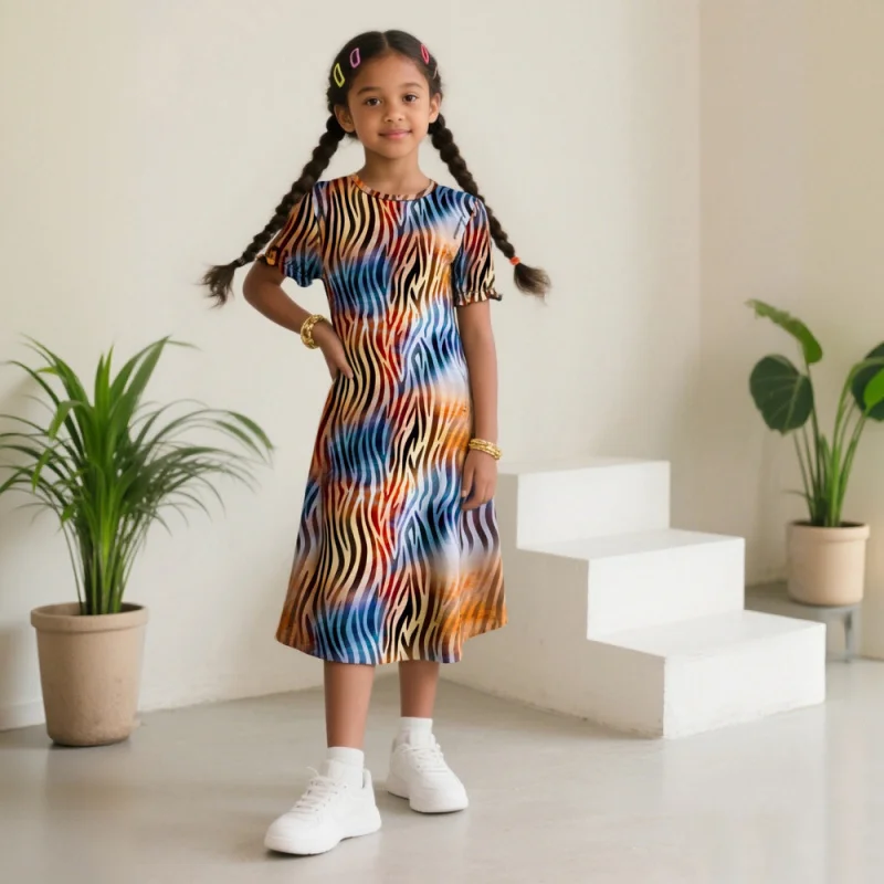 

Girls Colorful Zebra Striped Short Sleeve Midi Dress - Trendy Casual Party Dress for Kids
