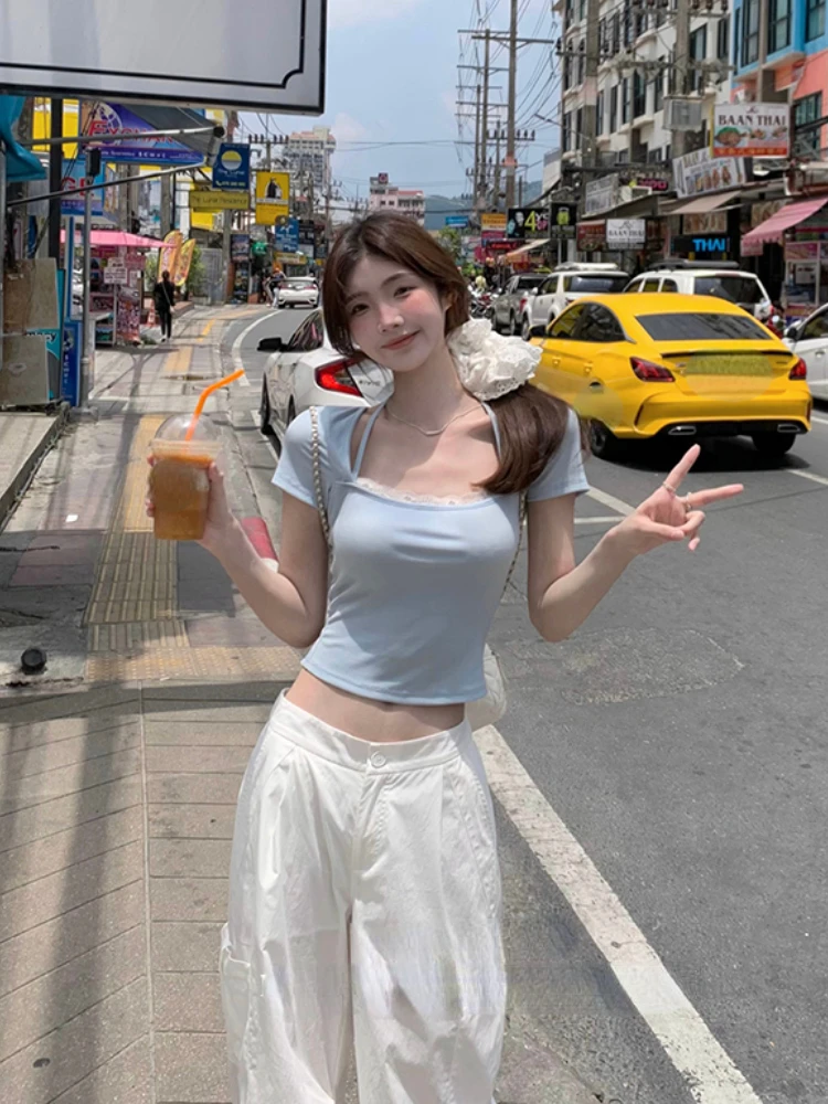 Chemisier Slim à Manches Courtes pour Femme, Vêtement Basique, Décontracté, Y2k, Élégant, Chic, Nouvelle Collection 2024