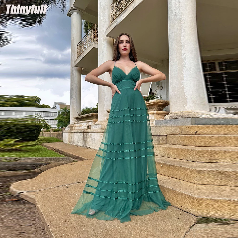 

Thinyfull A-line Tulle Prom Dresses Spaghetti Strap V-neck Evening Party Gowns 2024 Tea-length Formal Occasion Dress