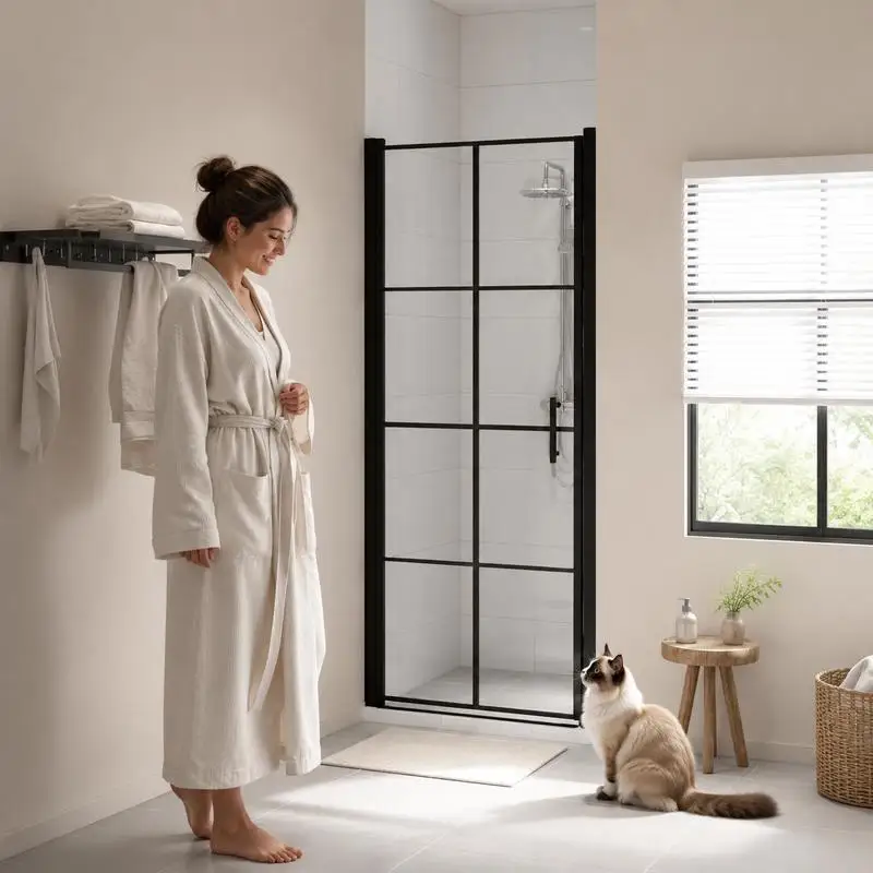 Porte de douche moderne noire en verre trempé résistant, protection efficace contre les éclaboussures pour la séparation des zones humides et sèches, salle de bain domestique, dimensions 91x195 cm