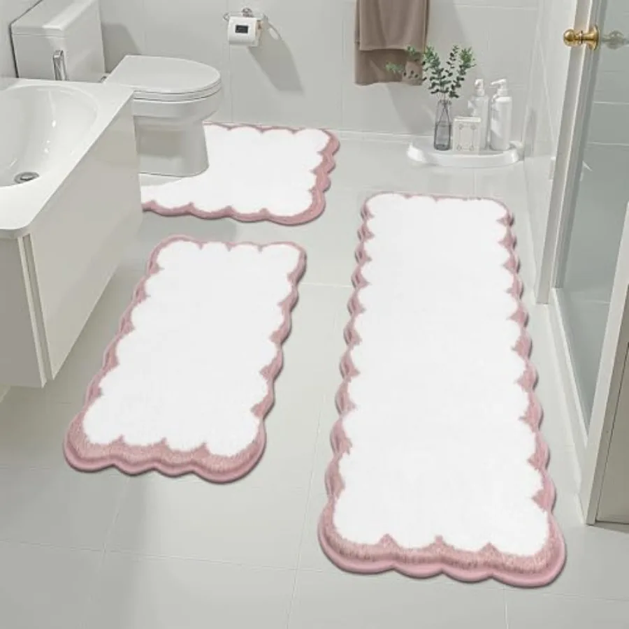 

Bathroom Rugs Set 3 Pcs Scalloped Non Slip Washable Bath Mat with U-Shaped Toilet Rug Extra Absorbent Quick Dry Soft Plush Show