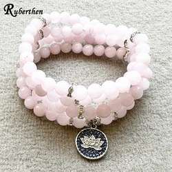 Ruberthen 6 MM Natural Madagascar Rose Quartz 108 Mala Bracelet Womens Lotus Charm Gemstone Handmade Yoga Wrist Balance Jewelry