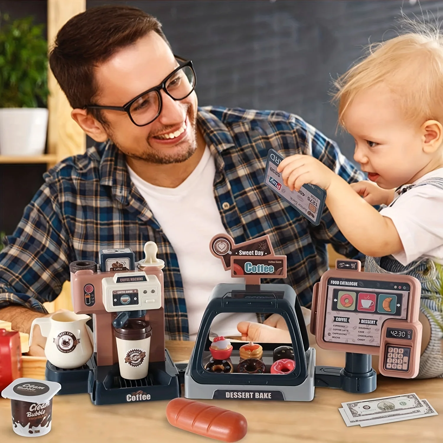 Conjunto de jogo de café, máquina de café de dramatização, caixa registradora interativa com som e luz, acessórios de cozinha