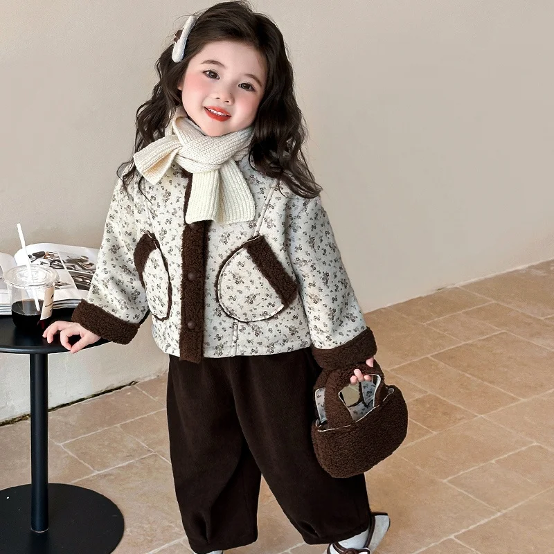 thiened-fce-children's-floral-jaet-and-pants-set-winter-outfit-for-girls-korean-sle-two-piece-suit-warm-and-cute