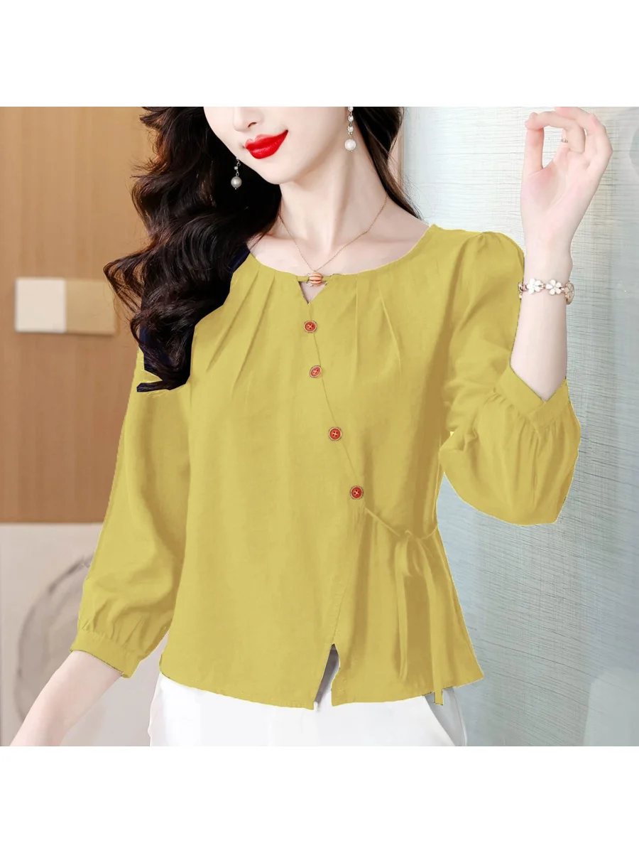 

Elegant round Neck Asymmetrical Seven Sleeve Shirt Women's Fashionable Slimming Top Luxury Feel Spring New Style Wrap around