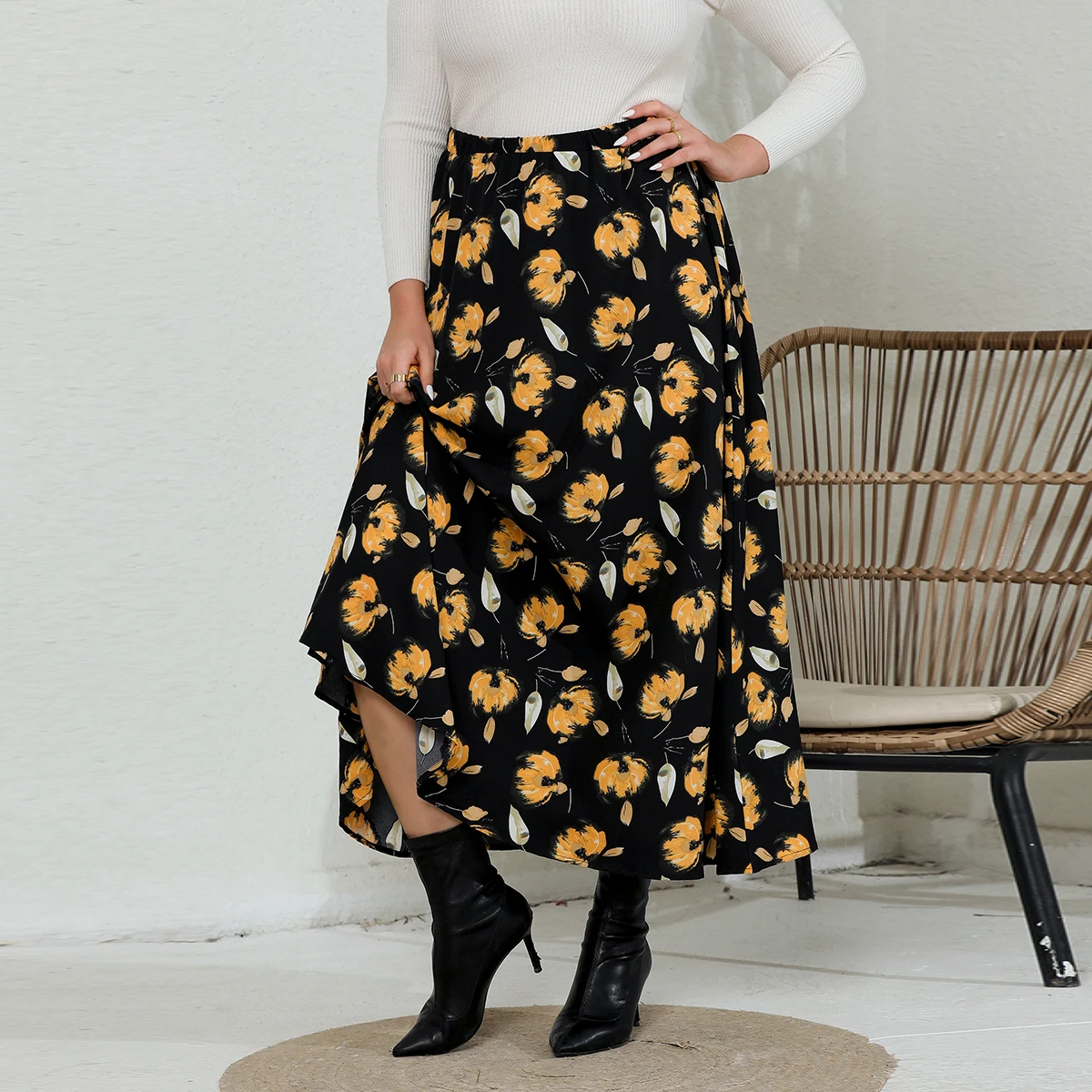 Plus Size Skirt New 2024 Floral Print Skirt Women‘s Clothes Casual Skirt For Spring & Summer Women\'s Plus Size Clothing L017