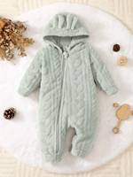 Newborn Baby Boy Autumn and winter Plush Jumpsuit Hooded Long sleeved Zipper Jumpsuit suitable for Male babies aged 0-18 Months