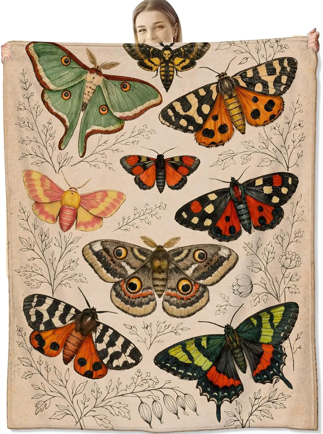 Antique Illustration Multi Pattern Moth Thin Line Floral Botanical Flannel Throw Blanket, Warm Cozy Blanket, Dark Academia Room