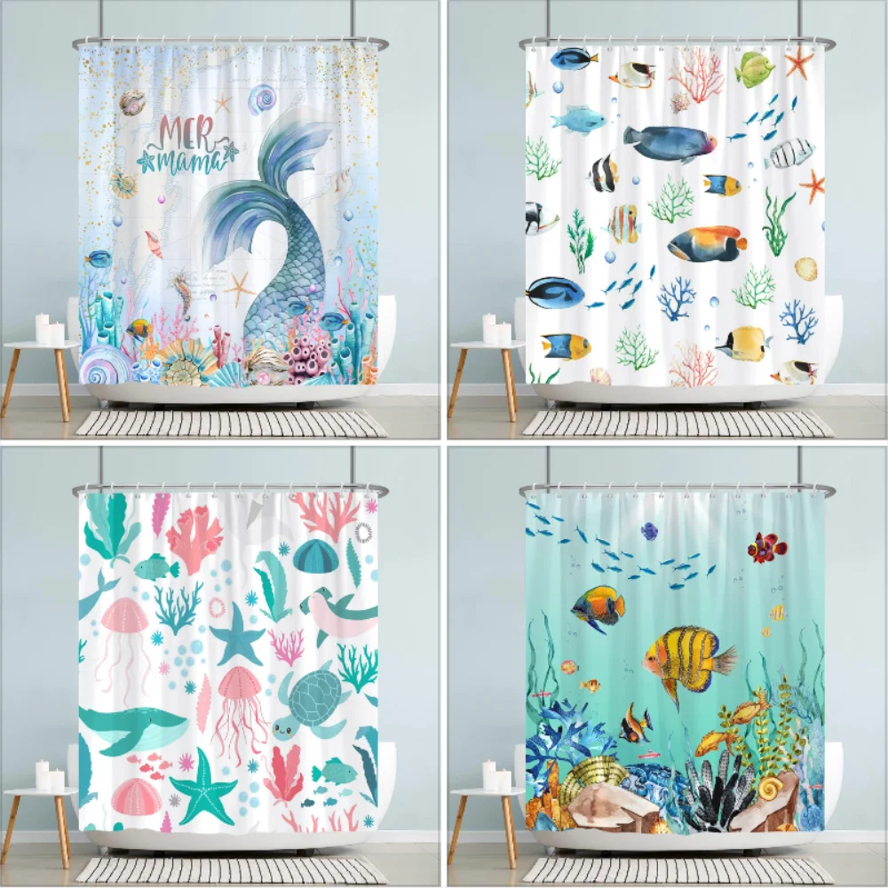 

Детская занавеска для душа с изображением океанских животных, занавеска для душа с милым мультяшным узором для мальчиков и девочек, занавеска из полиэфирной ткани, занавеска для душа, декор для ванной комнаты