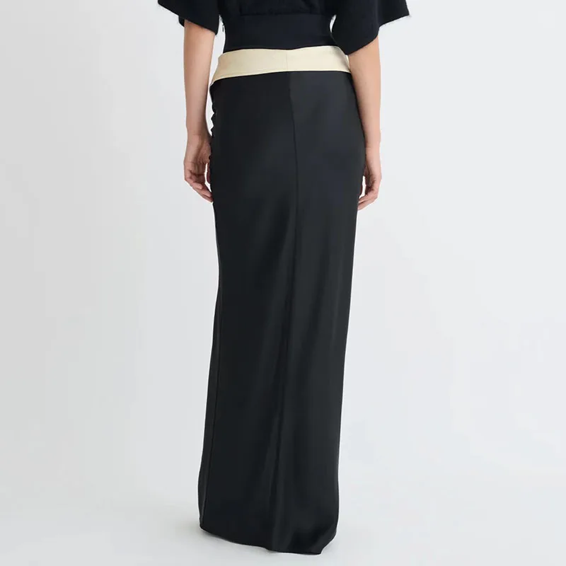 Women's Pleated Pencil Skirt, Black and White Color-Block Skirt, High-Quality Versatile Maxi Skirt, 2026, Summer, New Arrival,