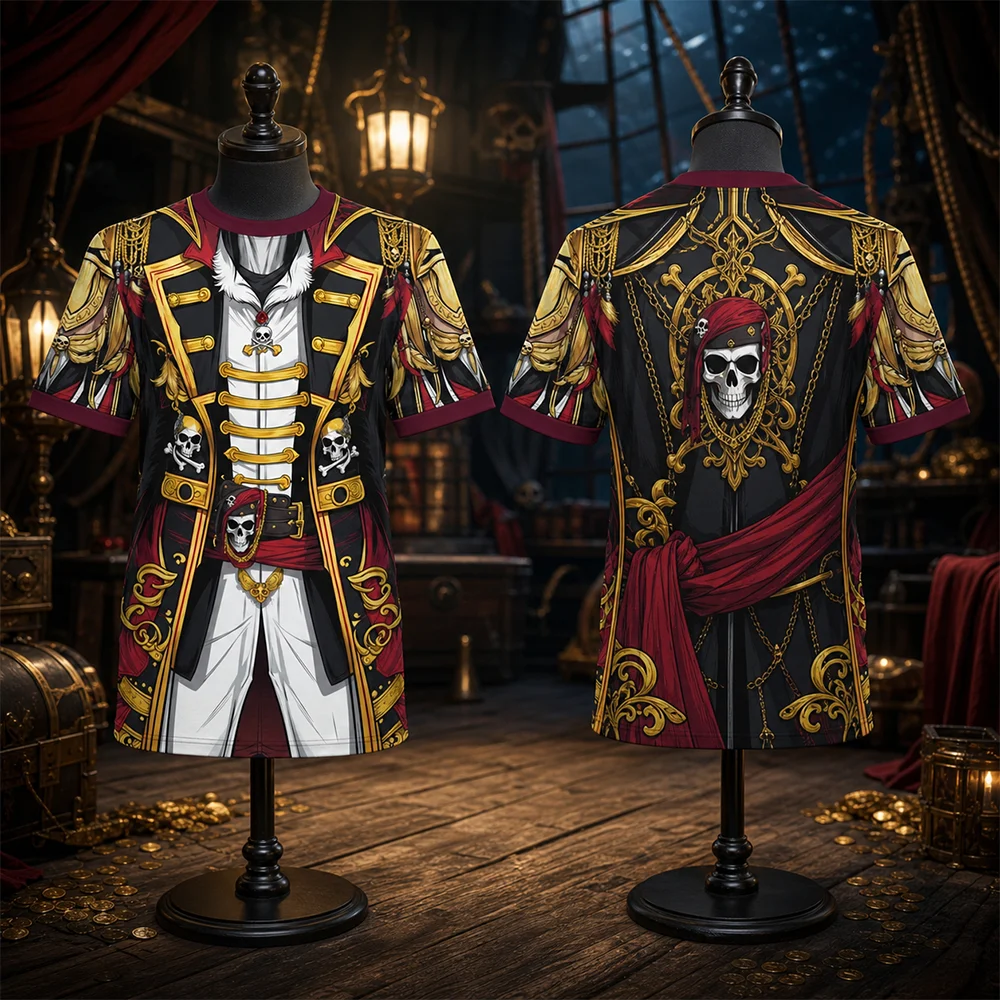 Unisex Pirate Captain Halloween Cosplay Party T-Shirt Quick-Dry Breathable Print Sport Parent-Child Top for Outdoor Daily Wear