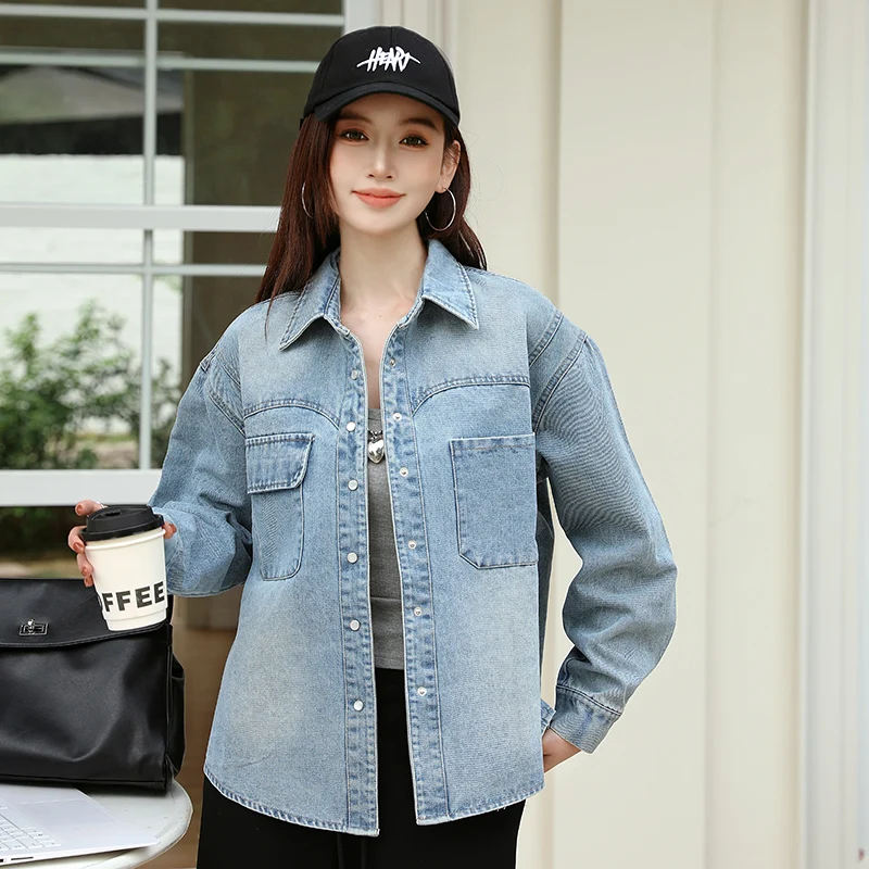 

Spring Jackets Fashion Long Sleeve Turn Down Collar Women Jacket Denim Blue Loose Denim Jacket Women Jaqueta Famine XQ207