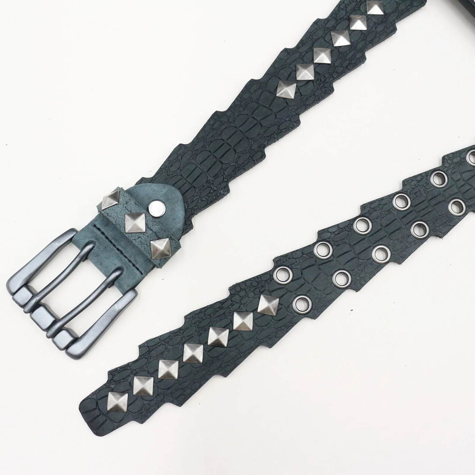 Crocodile Texture Cowhide Belt Pyramid Rivet Retro Heavy Metal Motorcycle Western Waistband