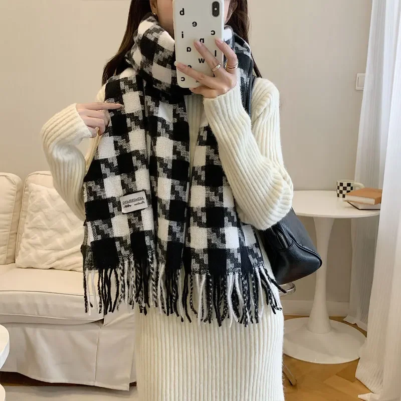 Black And White Thousand Birds Pattern Scarf Korean Style Ins Windmill Women's Autumn/Winter Warm Plaid Shawl Student Outerwear 