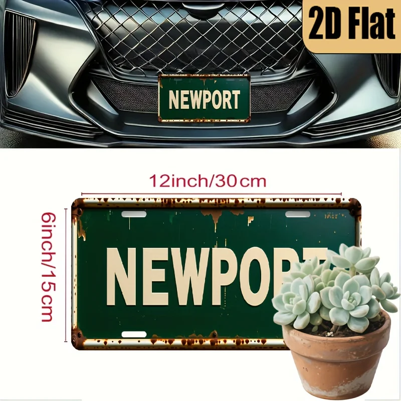 1pc Vintage Newport License Plate - Retro Green & Golden car plate, Heavy-Duty Aluminum Decoration (6x12 Inches) - British-Inspi