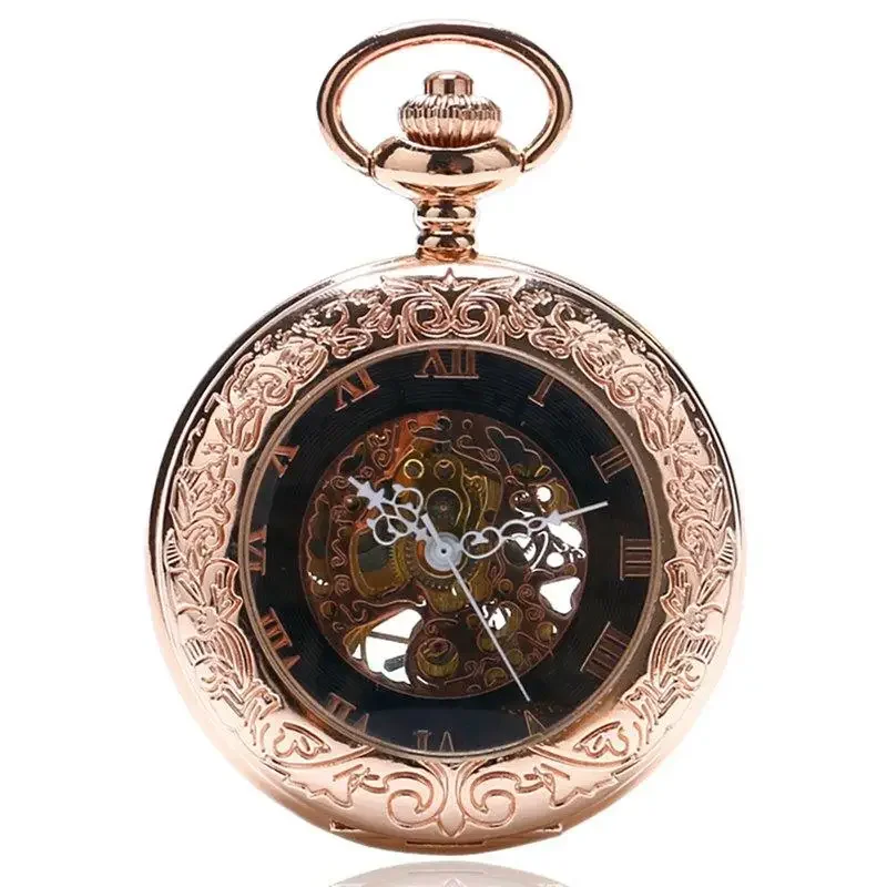 Antique Rose Gold Transparent Glass Roman Numerals Mechanical Hand Wind Pocket Watch Pendant Chain Clock Gifts Men Women reloj