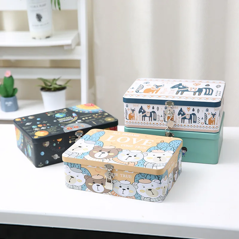 Cute And Fresh Storage Tin Box. A Small Locked Storage Box. Lock The Rectangular Letter Password Collection Box On The Desktop